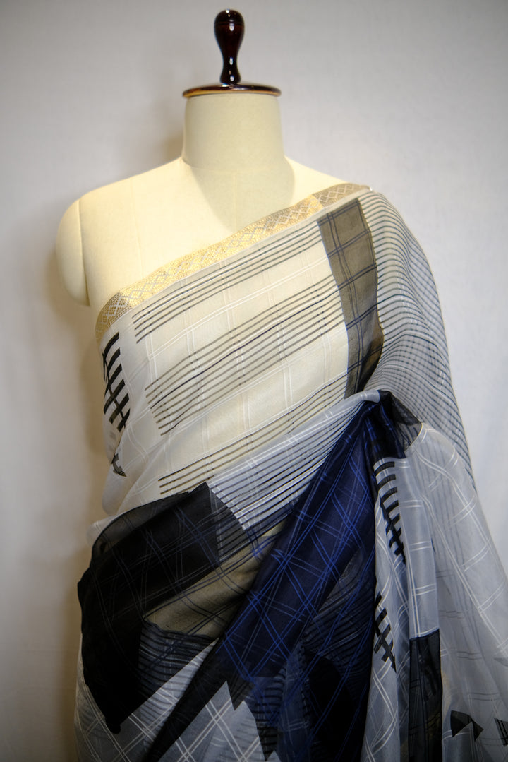 Designer Silk Saree In Grey & Blue Color
