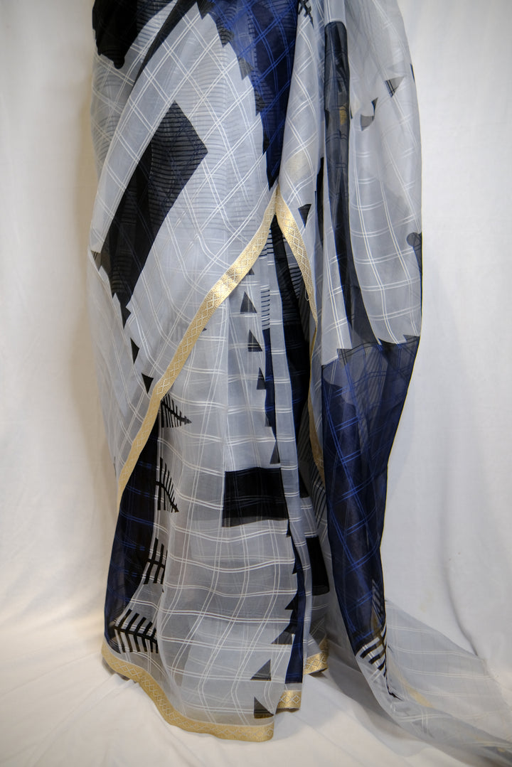 Designer Silk Saree In Grey & Blue Color