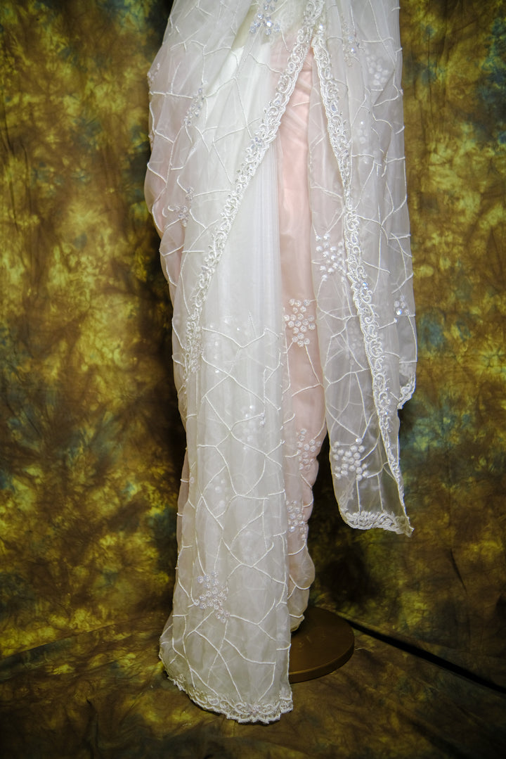 Designer Saree In White & Peach