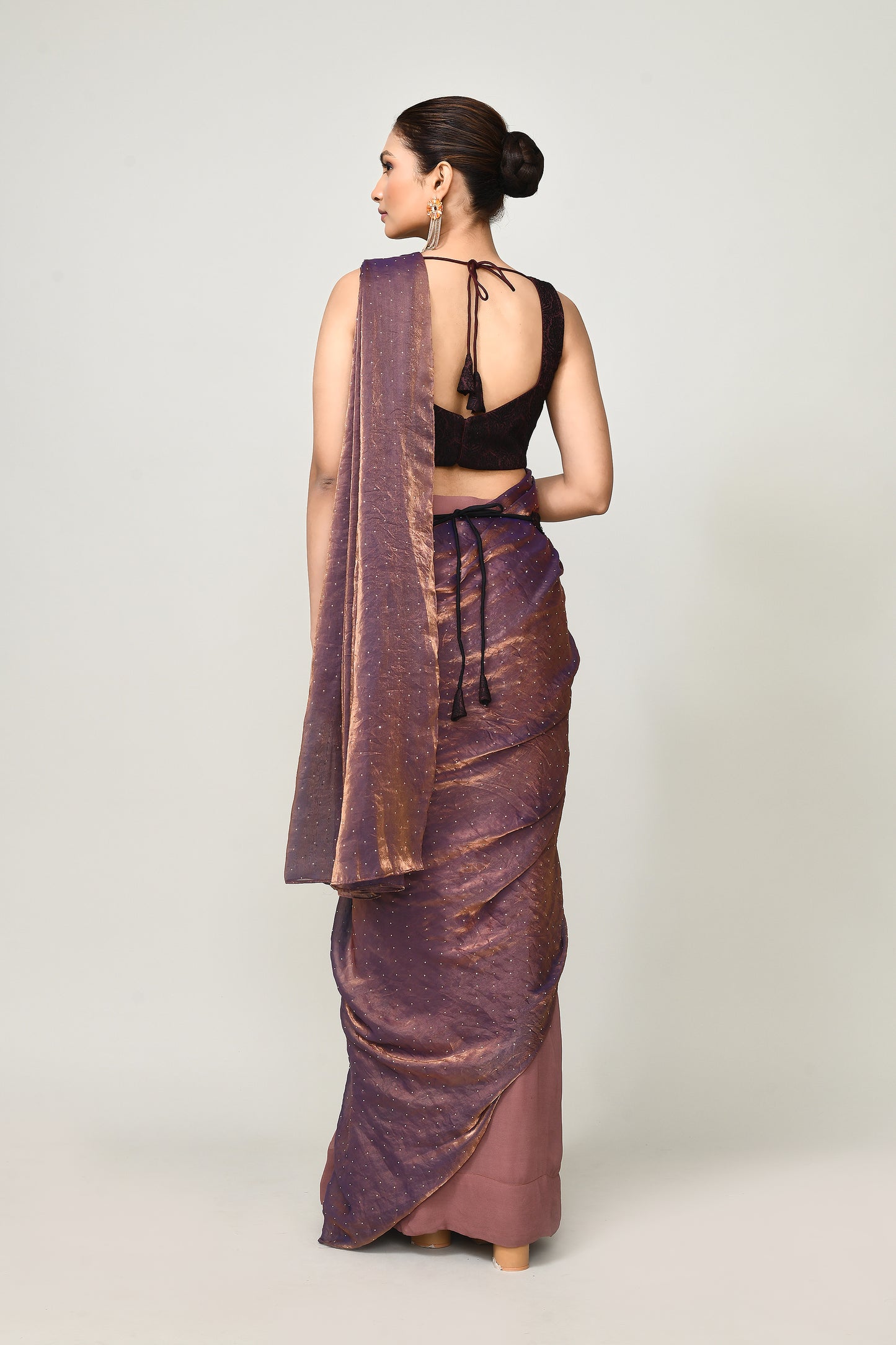 Designer Wear Brown Diamond Silk & Georgette Drape Saree