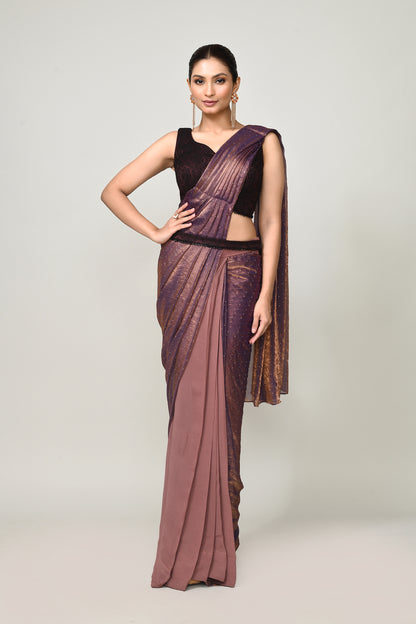 Designer Wear Brown Diamond Silk & Georgette Drape Saree