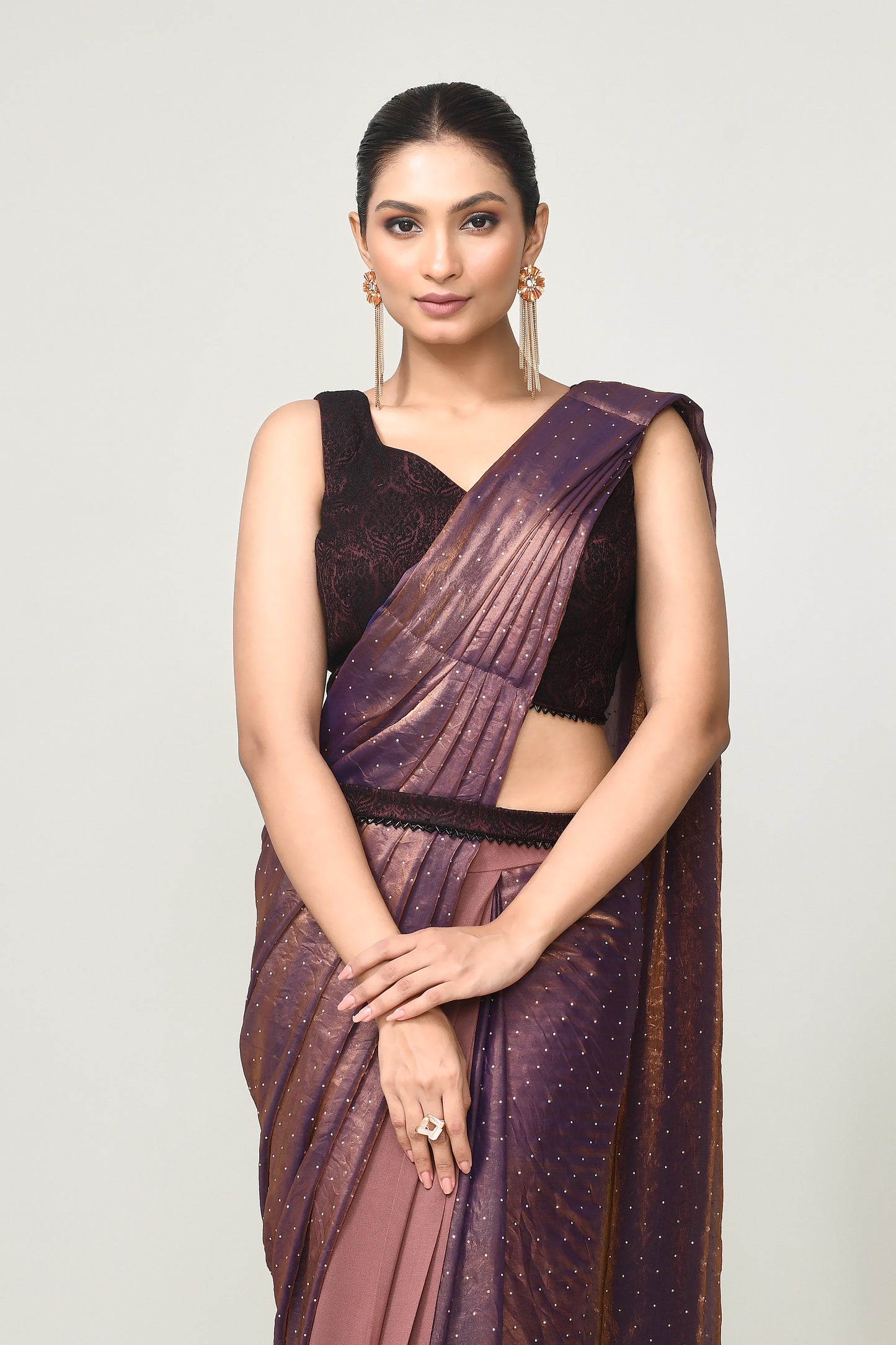 Designer Wear Brown Diamond Silk & Georgette Drape Saree