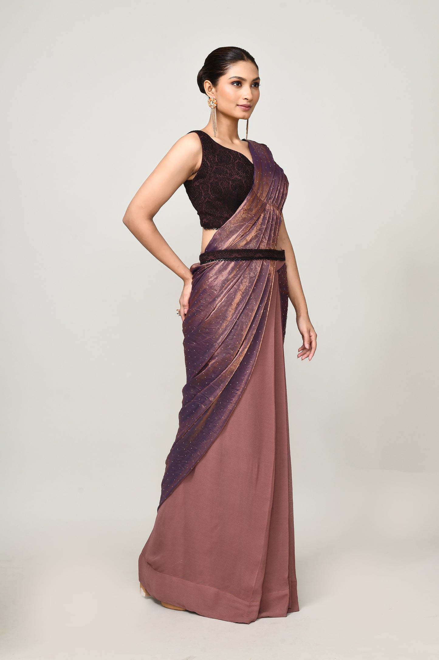 Designer Wear Brown Diamond Silk & Georgette Drape Saree