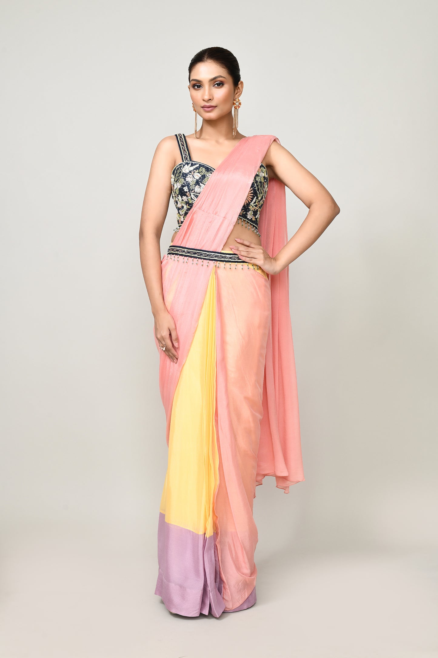 Designer Wear  Multicolour Chinon Chiffon Drape Saree