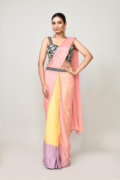 Designer Wear  Multicolour Chinon Chiffon Drape Saree