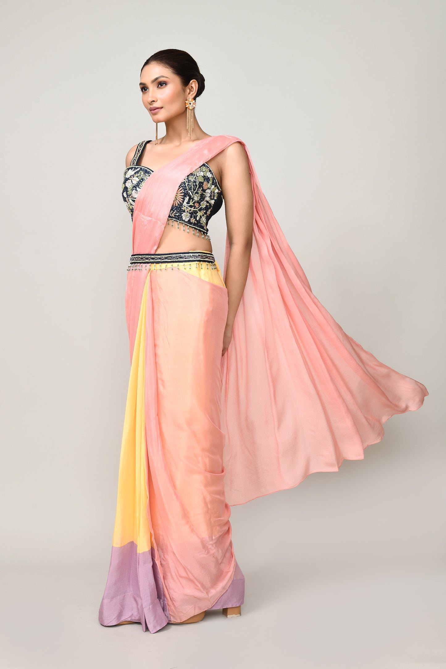 Designer Wear  Multicolour Chinon Chiffon Drape Saree