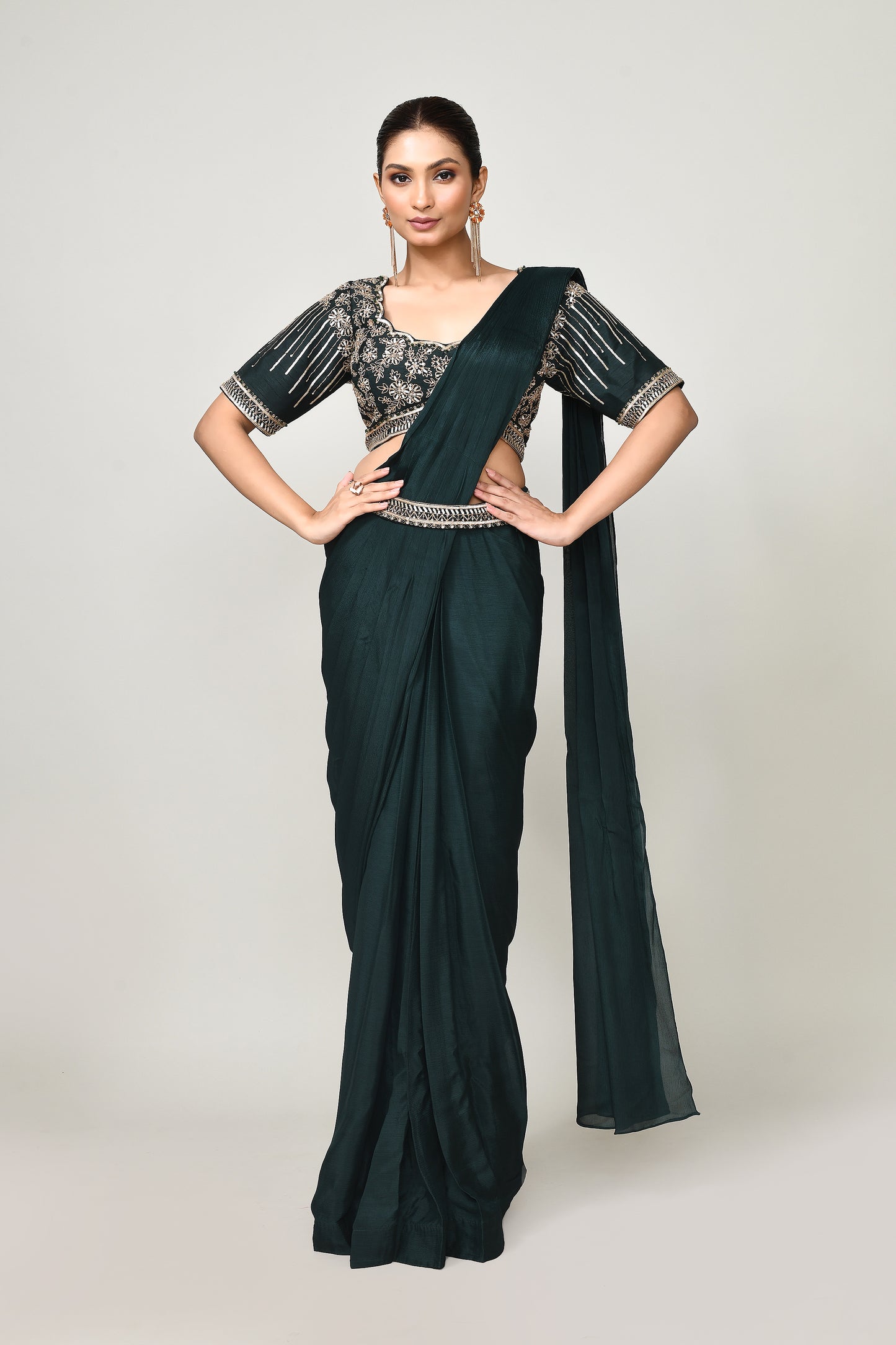 Designer Wear  Green  Chinon Chiffon Drape Saree