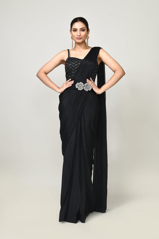 Designer Wear  Black Chinon Chiffon Drape Saree