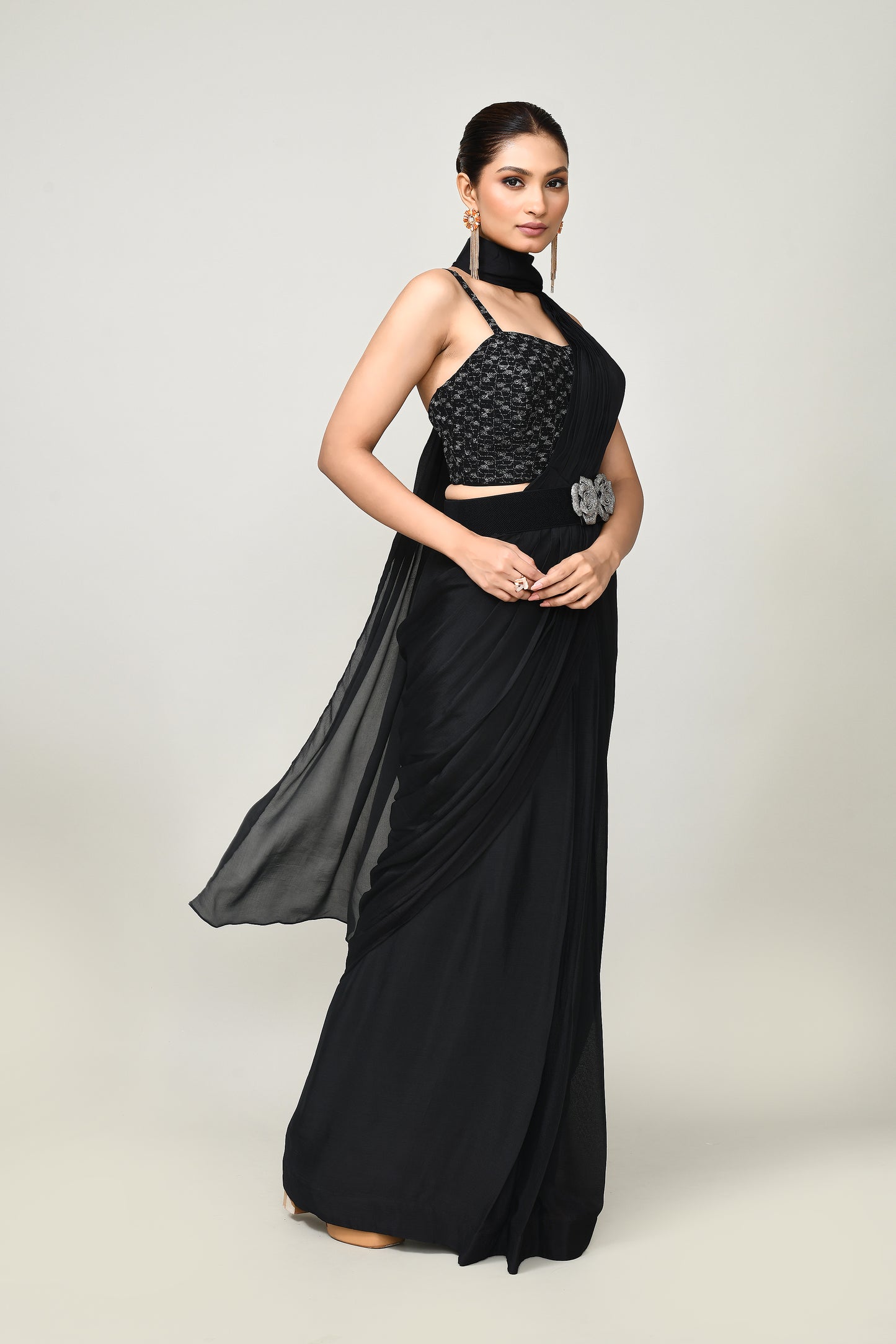 Designer Wear  Black Chinon Chiffon Drape Saree