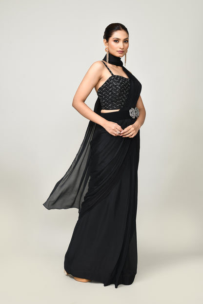 Designer Wear  Black Chinon Chiffon Drape Saree