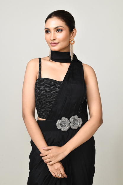 Designer Wear  Black Chinon Chiffon Drape Saree