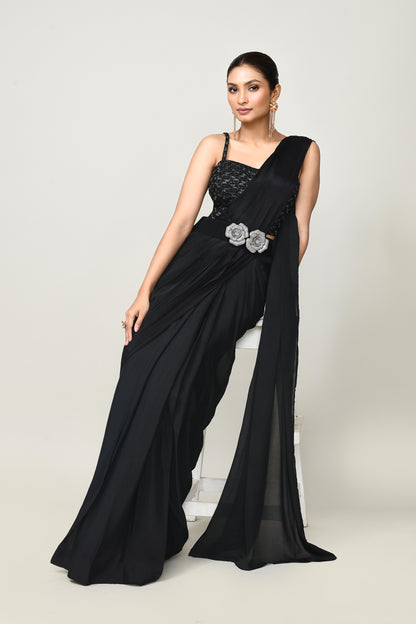 Designer Wear  Black Chinon Chiffon Drape Saree