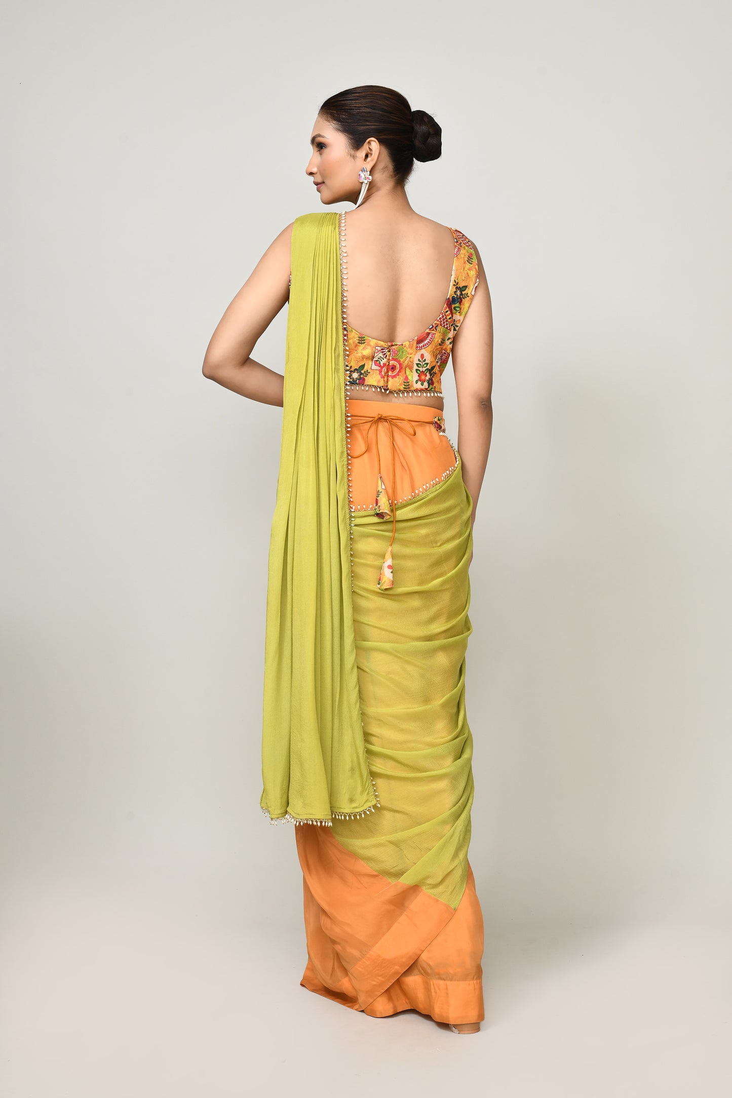 Designer Wear Green & Yellow  Chinon Chiffon Drape Saree