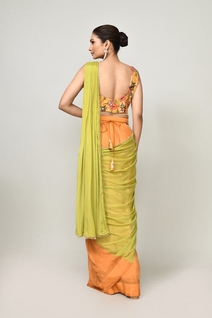 Designer Wear Green & Yellow  Chinon Chiffon Drape Saree