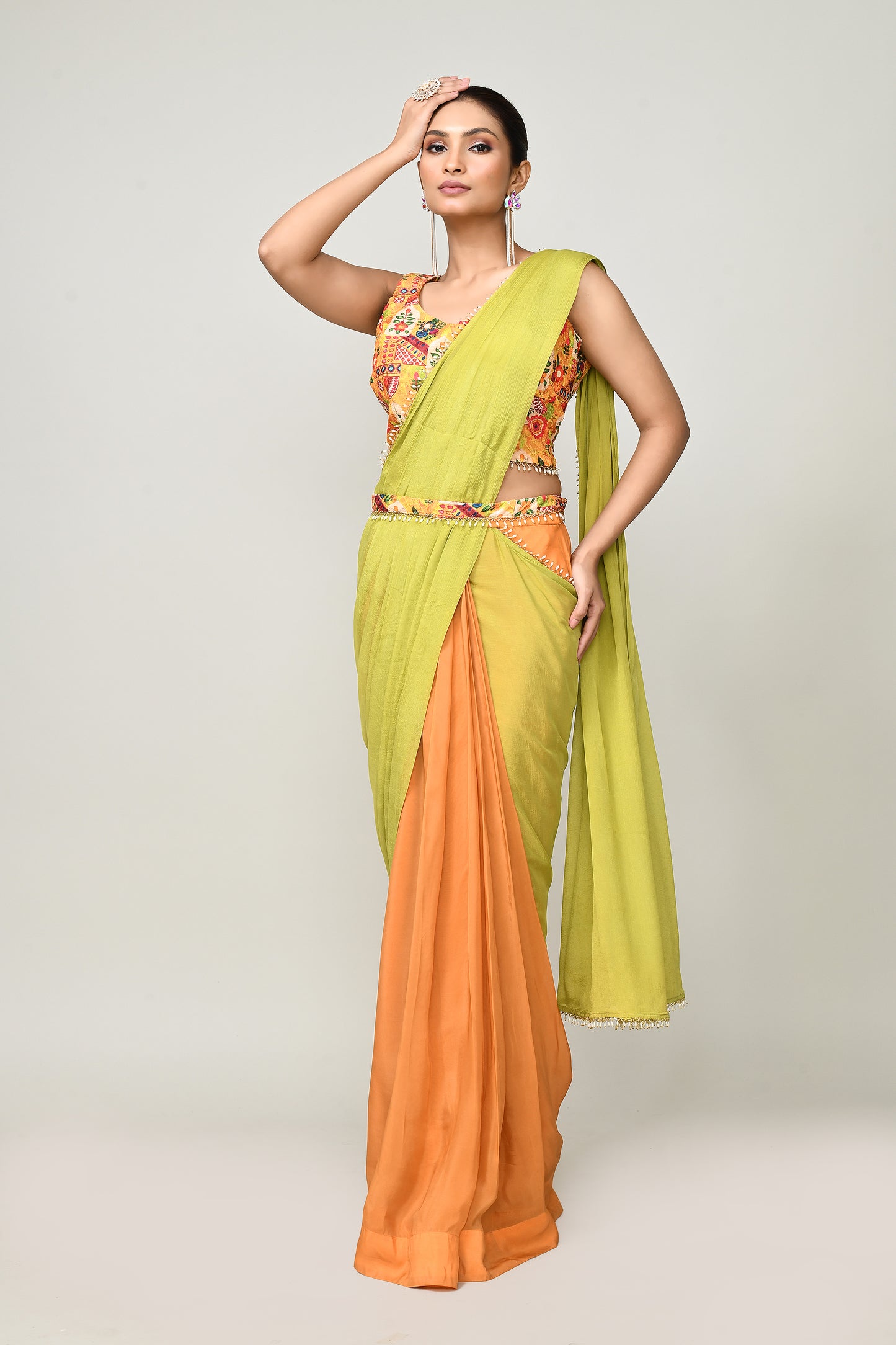 Designer Wear Green & Yellow  Chinon Chiffon Drape Saree