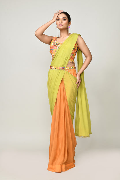 Designer Wear Green & Yellow  Chinon Chiffon Drape Saree
