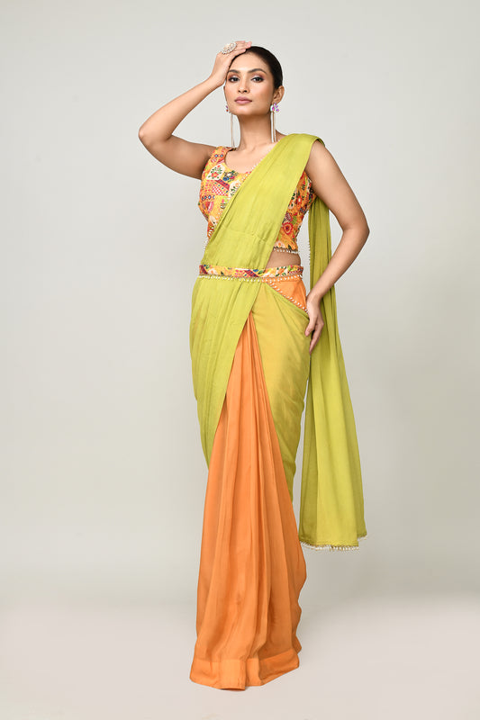 Designer Wear Green & Yellow  Chinon Chiffon Drape Saree