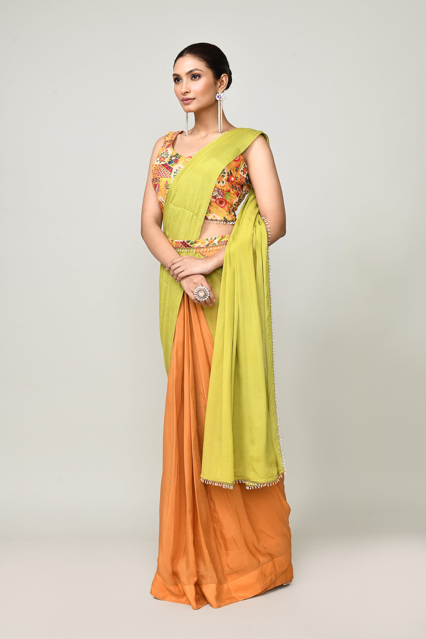 Designer Wear Green & Yellow  Chinon Chiffon Drape Saree