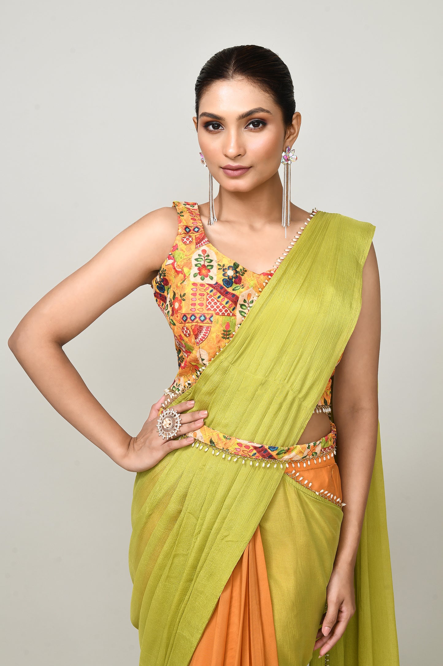 Designer Wear Green & Yellow  Chinon Chiffon Drape Saree