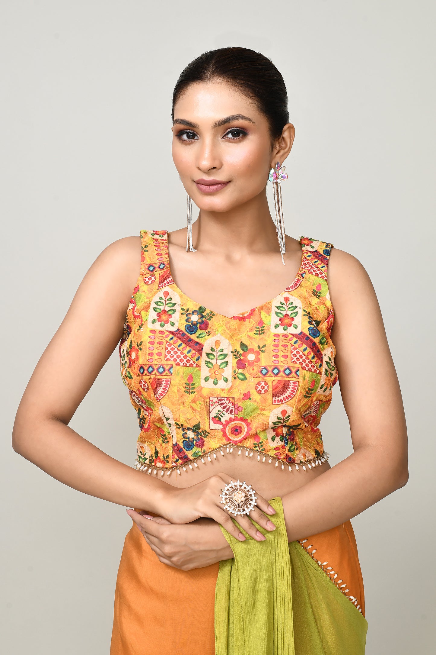 Designer Wear Green & Yellow  Chinon Chiffon Drape Saree