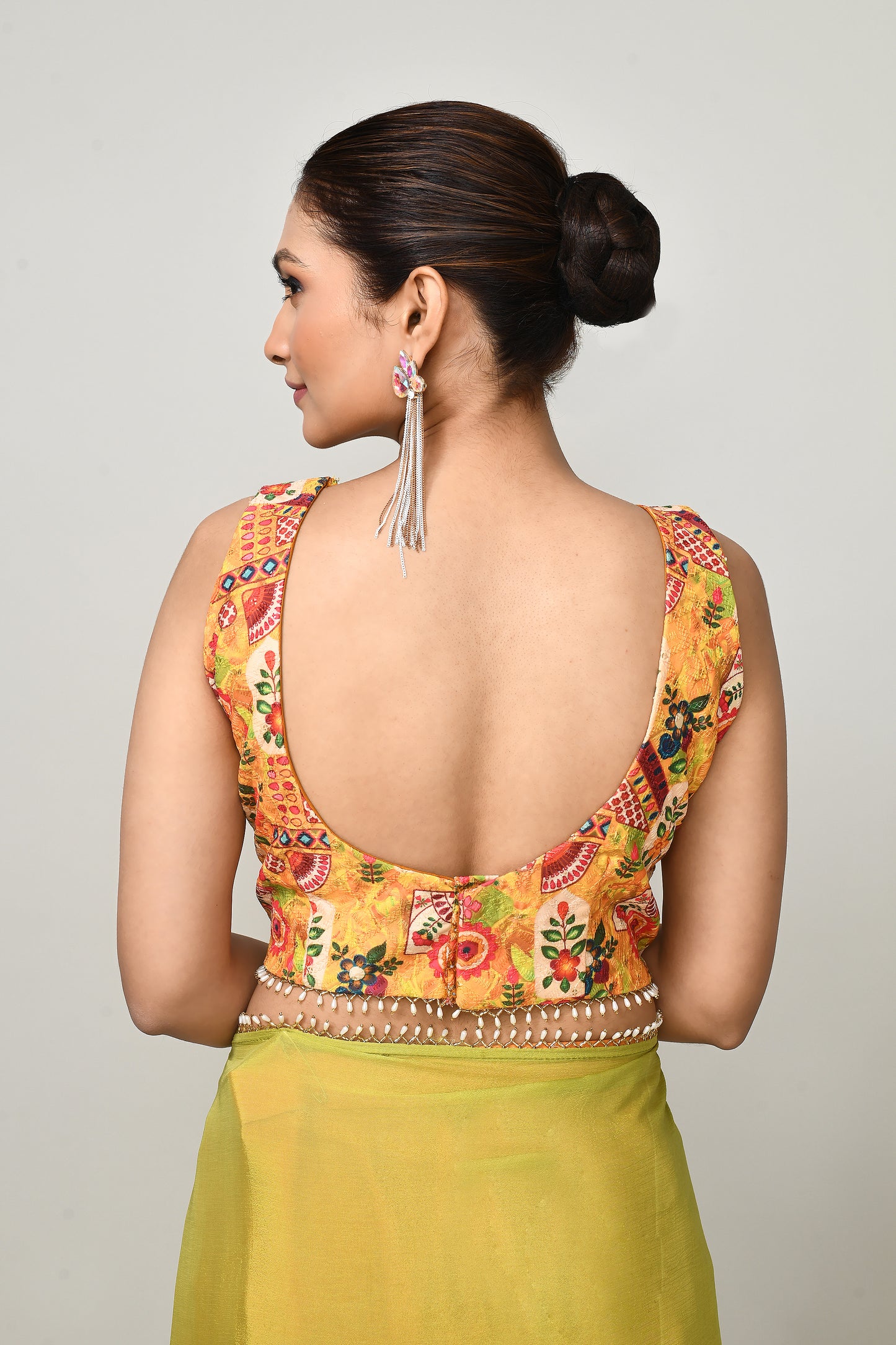 Designer Wear Green & Yellow  Chinon Chiffon Drape Saree