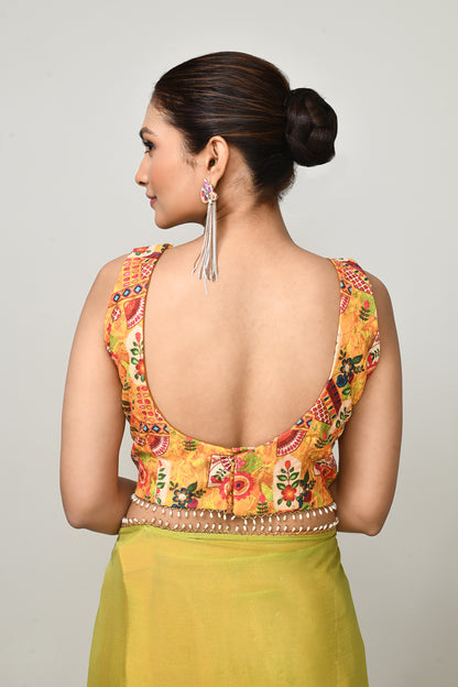 Designer Wear Green & Yellow  Chinon Chiffon Drape Saree