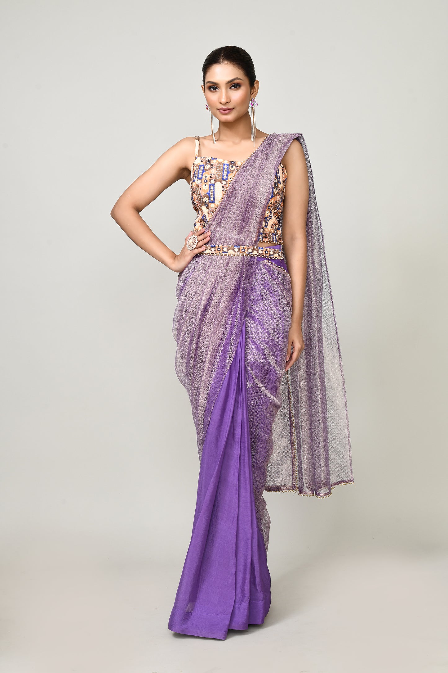 Designer Wear Purple  Chinon Chiffon & Tissue Drape Saree