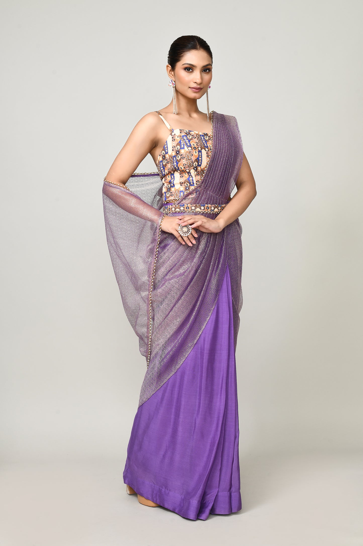 Designer Wear Purple  Chinon Chiffon & Tissue Drape Saree
