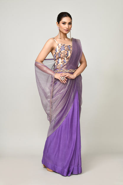 Designer Wear Purple  Chinon Chiffon & Tissue Drape Saree