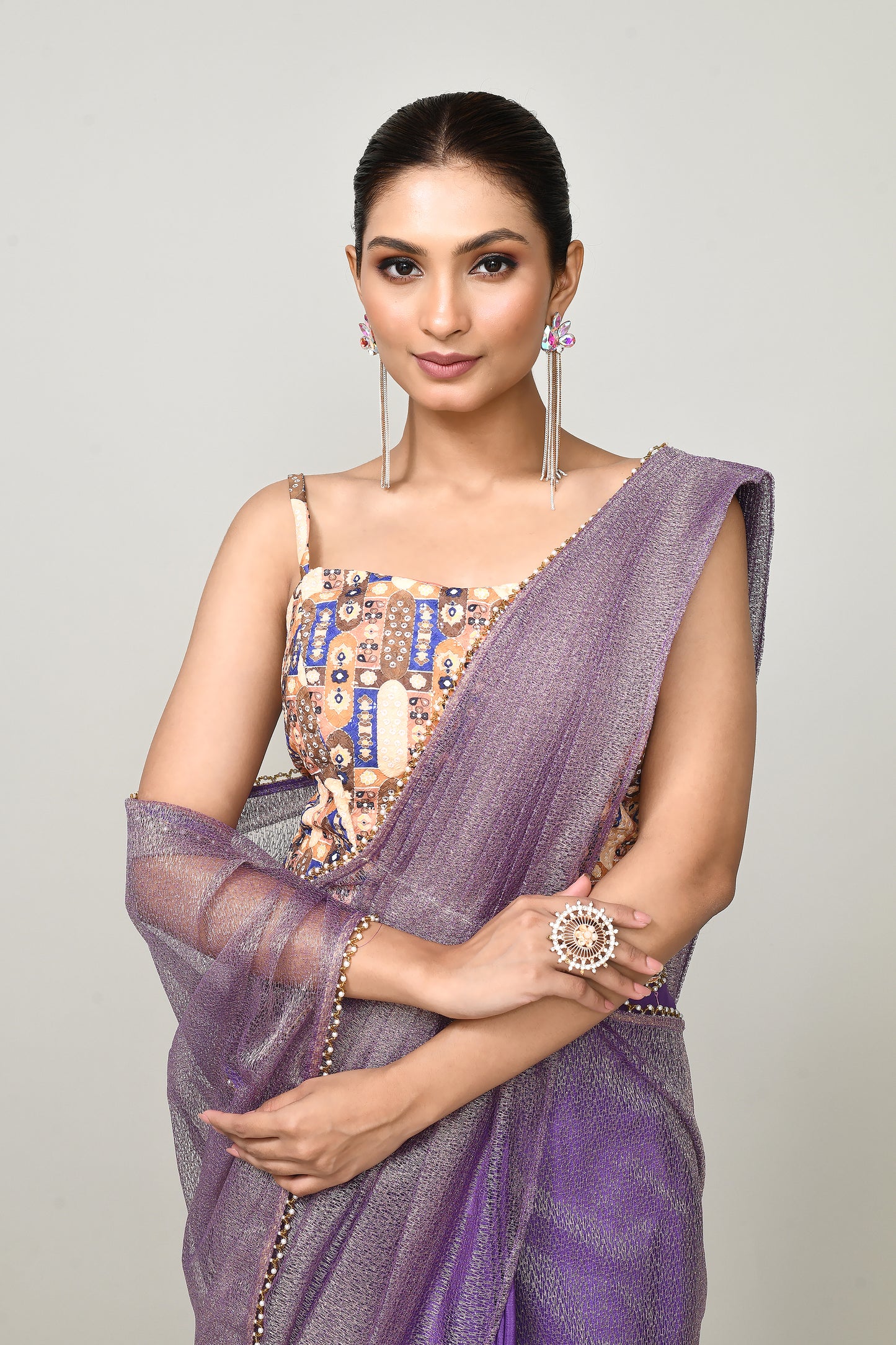 Designer Wear Purple  Chinon Chiffon & Tissue Drape Saree