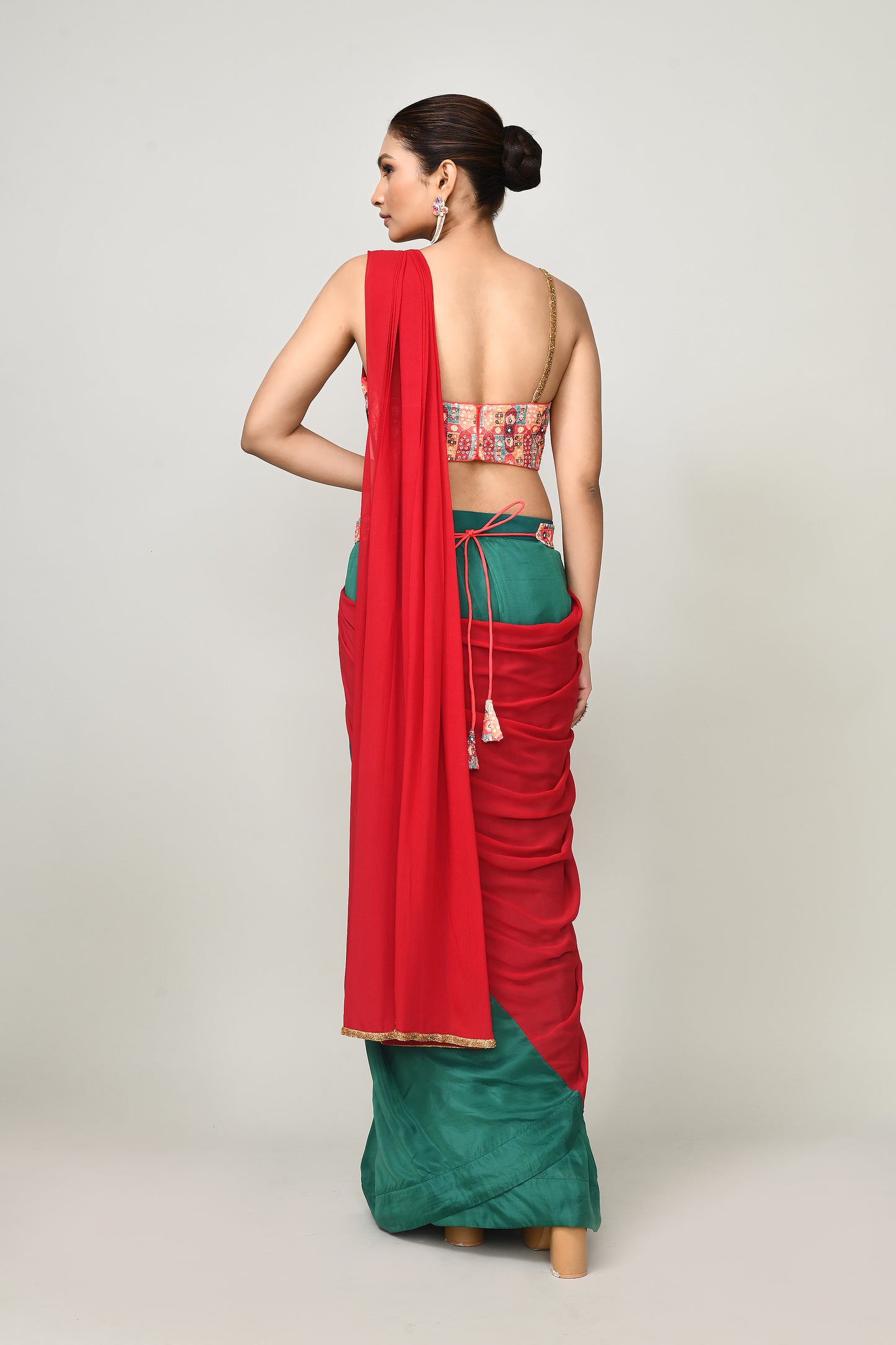 Designer Wear Green & Red  Chinon Chiffon & Glass Organza Drape Saree