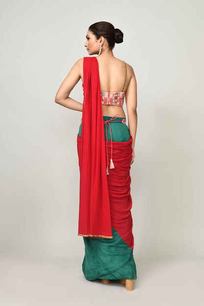 Designer Wear Green & Red  Chinon Chiffon & Glass Organza Drape Saree