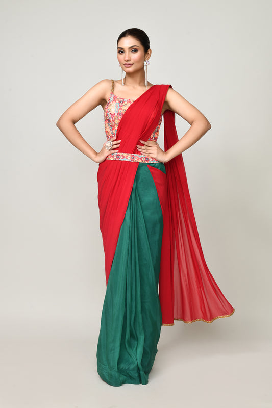Designer Wear Green & Red  Chinon Chiffon & Glass Organza Drape Saree
