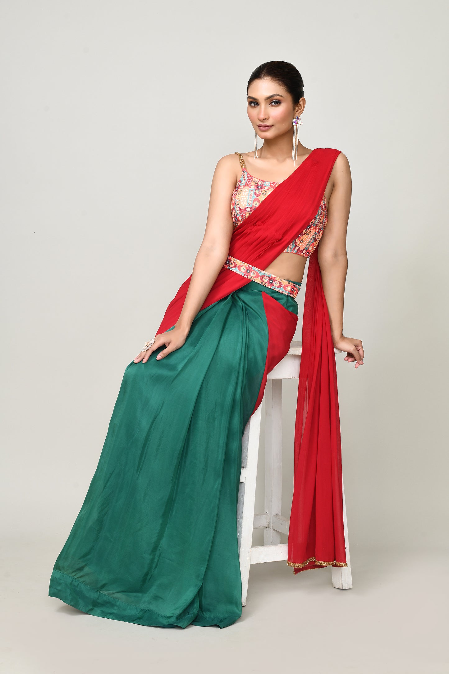 Designer Wear Green & Red  Chinon Chiffon & Glass Organza Drape Saree