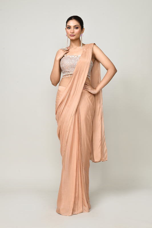 Designer Wear  Peach  Chinon Chiffon Drape Saree