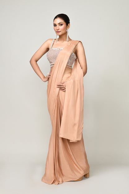 Designer Wear  Peach  Chinon Chiffon Drape Saree