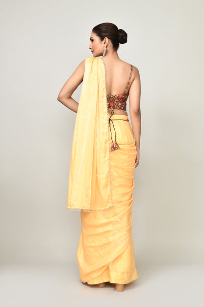Designer Wear Yellow Simmer Drape Saree