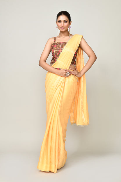 Designer Wear Yellow Simmer Drape Saree
