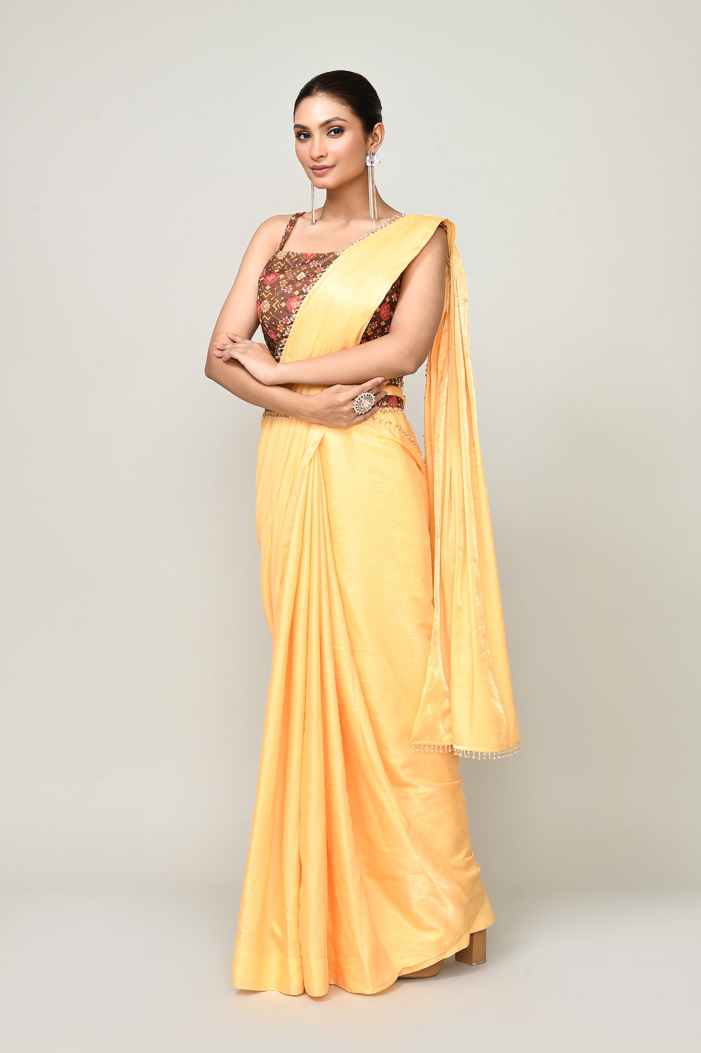 Designer Wear Yellow Simmer Drape Saree