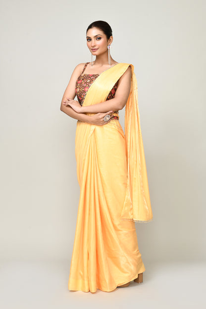 Designer Wear Yellow Simmer Drape Saree