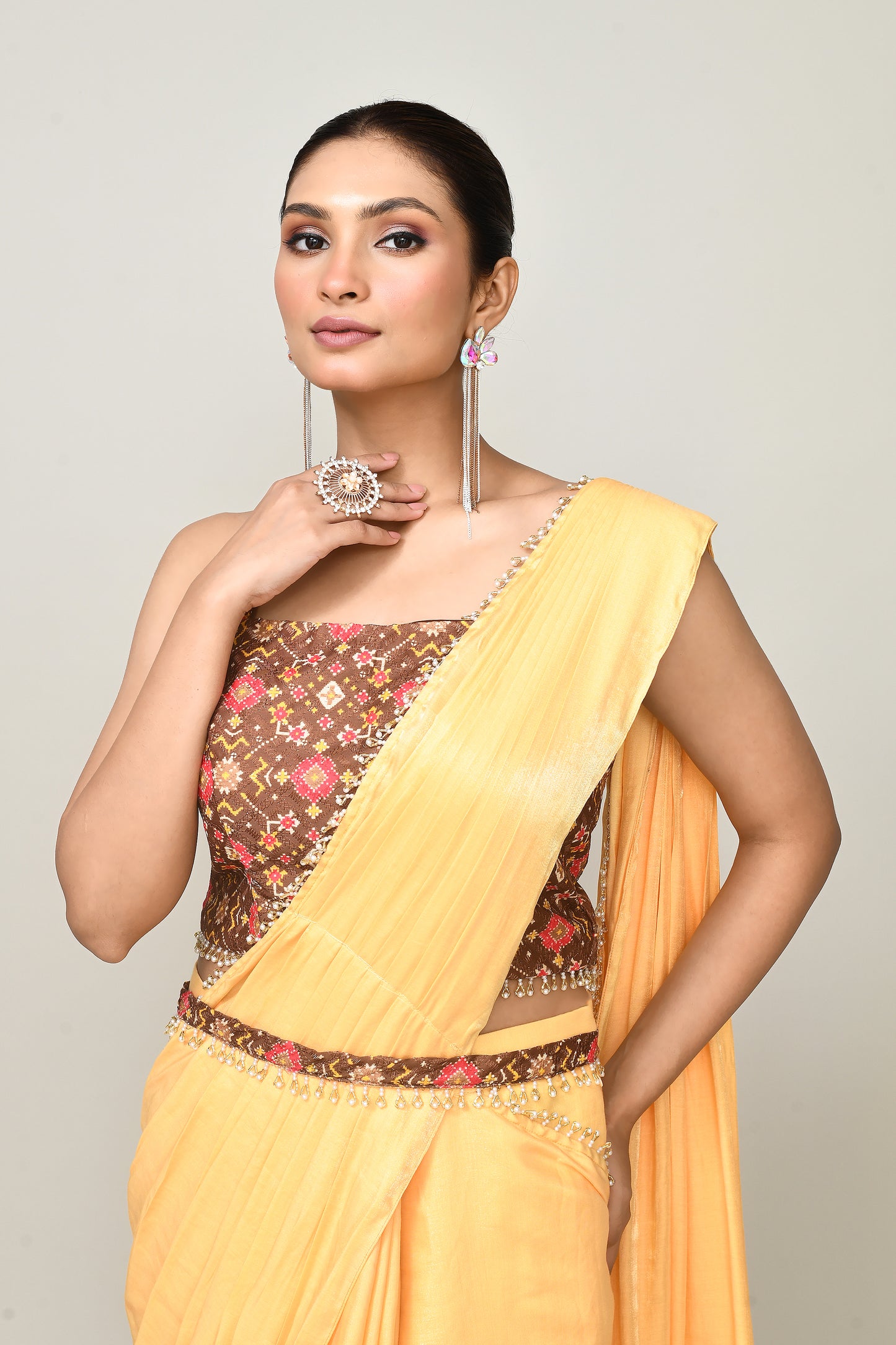 Designer Wear Yellow Simmer Drape Saree