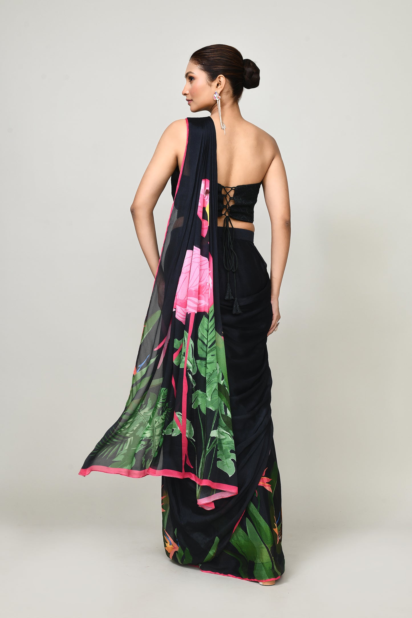 Designer Wear Printed Black Chinon Chiffon Drape Saree