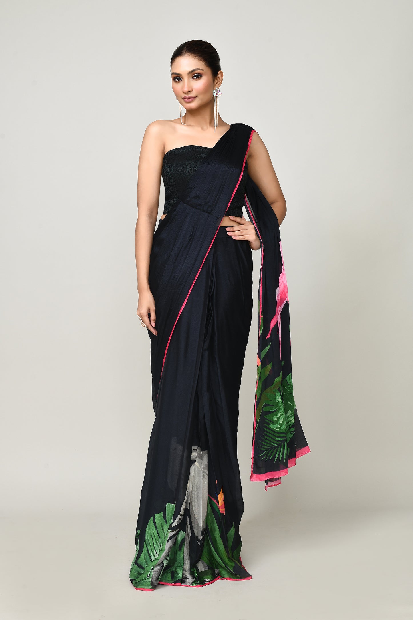Designer Wear Printed Black Chinon Chiffon Drape Saree