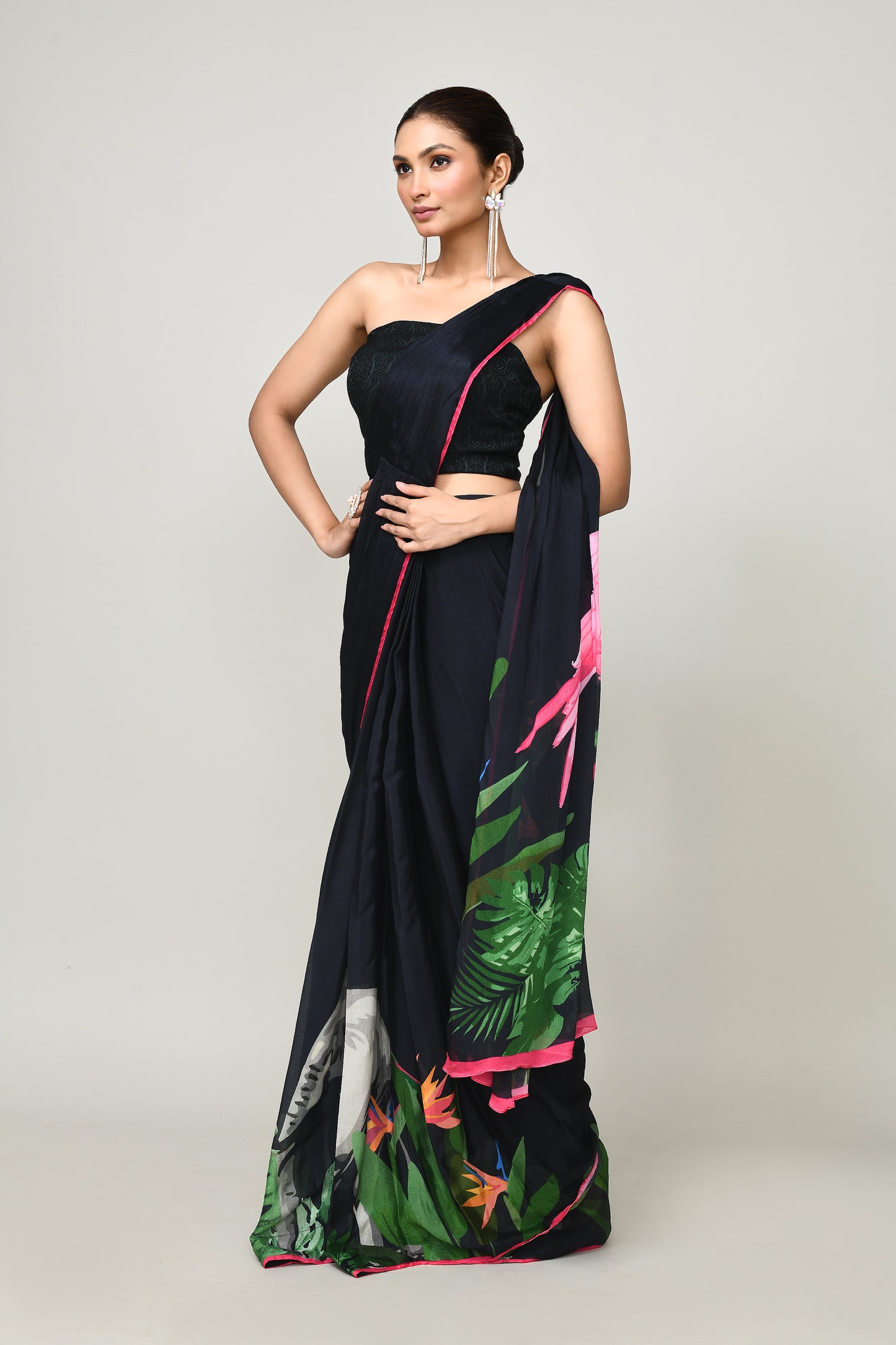 Designer Wear Printed Black Chinon Chiffon Drape Saree