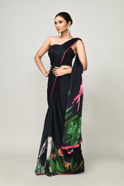 Designer Wear Printed Black Chinon Chiffon Drape Saree