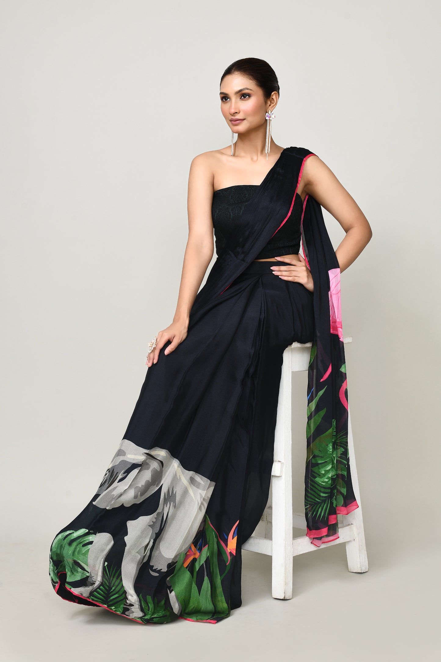 Designer Wear Printed Black Chinon Chiffon Drape Saree