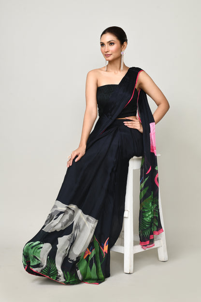 Designer Wear Printed Black Chinon Chiffon Drape Saree