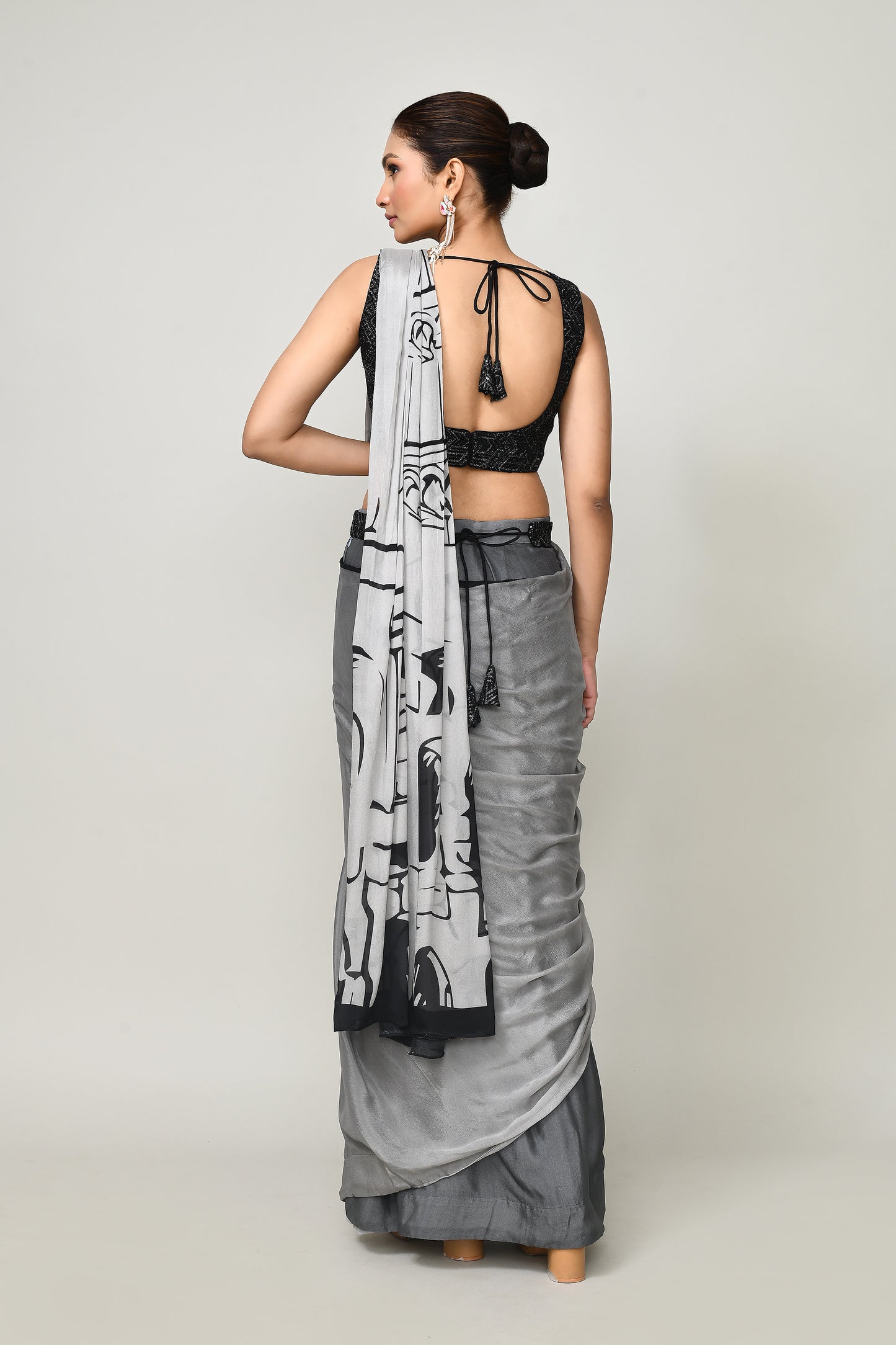 Designer Wear Printed Grey Chinon Chiffon Drape Saree