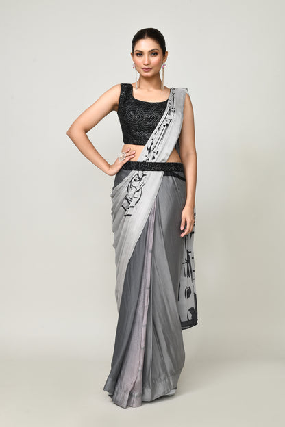 Designer Wear Printed Grey Chinon Chiffon Drape Saree