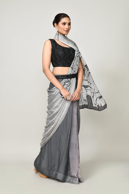 Designer Wear Printed Grey Chinon Chiffon Drape Saree